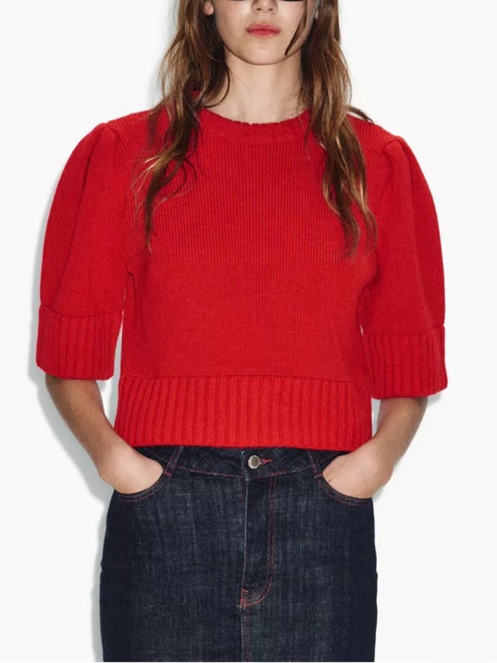 Zara NWT Red short sleeve Puff-Sleeve Knit Sweater top